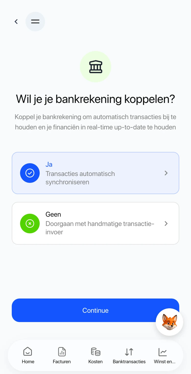 Het koppelscherm in de app, met de keuze om transacties automatisch te synchroniseren.